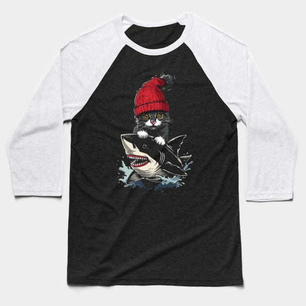 Cat Riding Shark Whiskered Adventure Baseball T-Shirt by BilodeauBlue